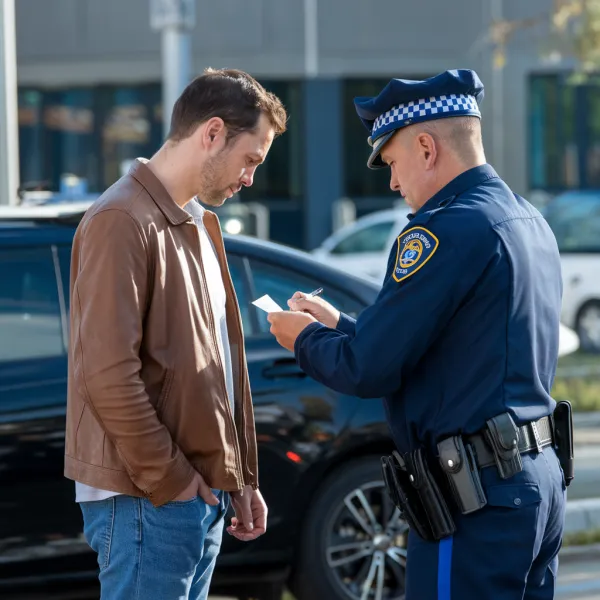 Um policial aborda um homem e escreve uma multa ao lado de um carro estacionado.